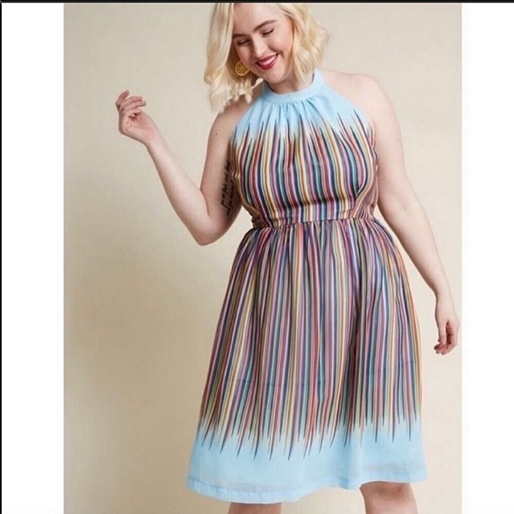 ModCloth Blue Rainbow Stripe What’s The Zeal Halter Dress Size Medium